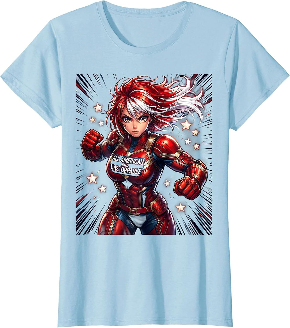 All-American and Unstoppable Patriotic Design T-Shirt - Baby Blue