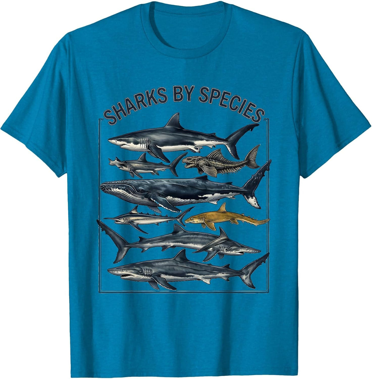 Sharks By Species Marine Biology Ocean Animal Art T-Shirt - Sapphire Blue
