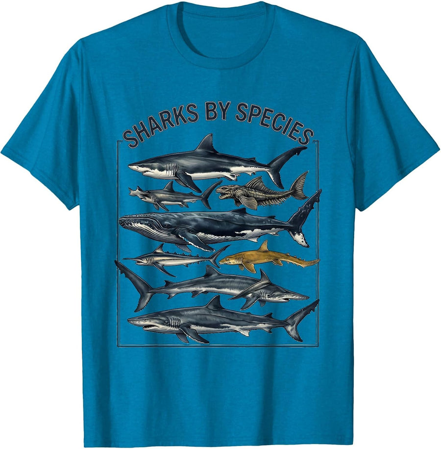Sharks By Species Marine Biology Ocean Animal Art T-Shirt - Sapphire Blue