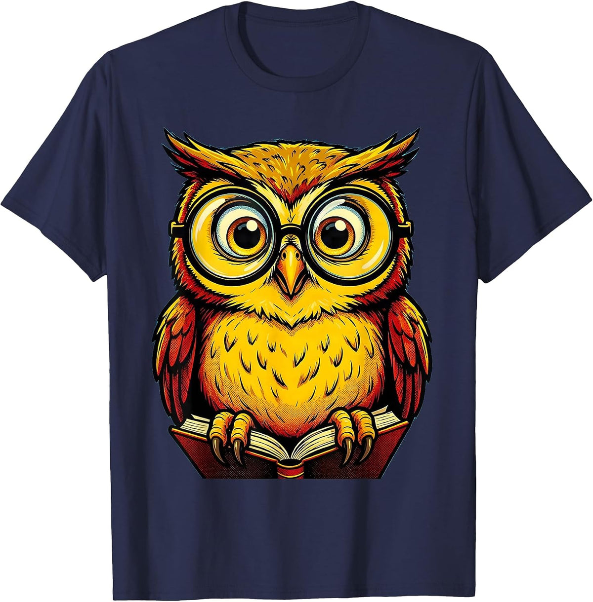 Funny Owl With Reading Glasses On Tiny Book T-Shirt - Navy Blue