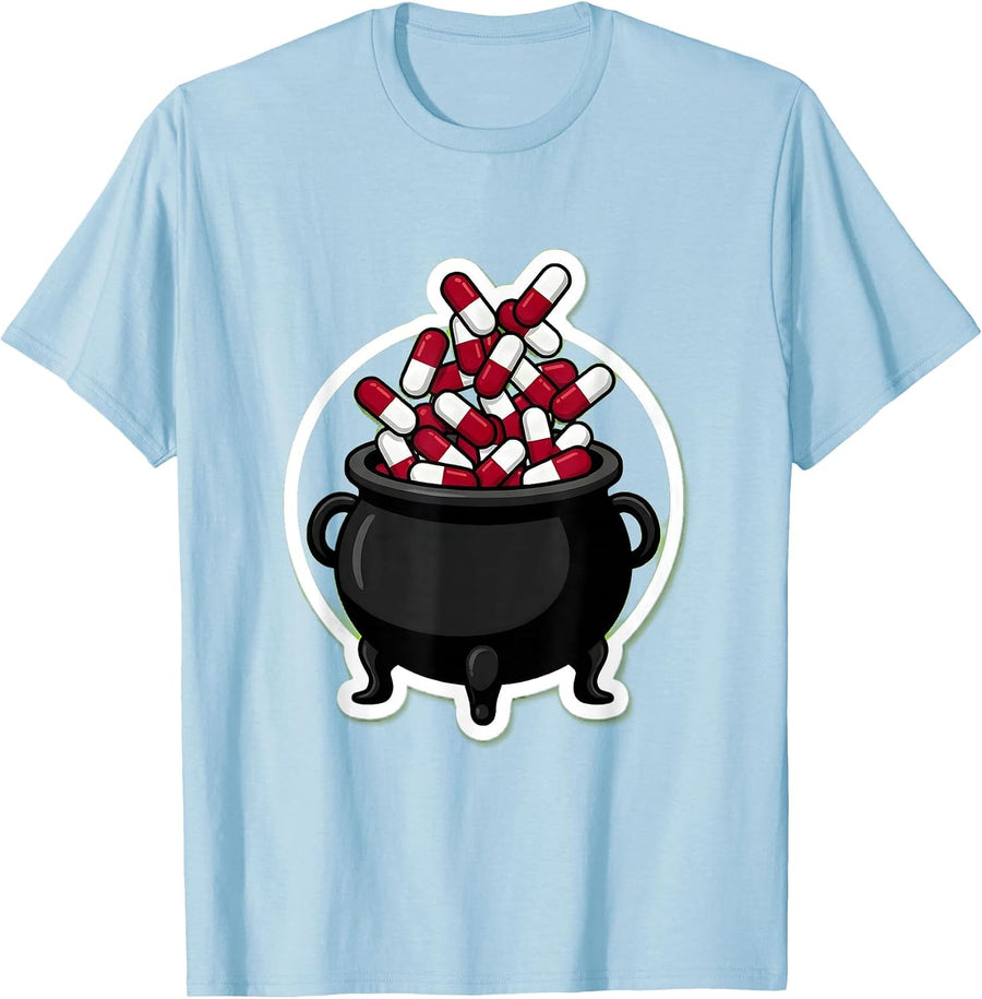 Men's Nurse Halloween Witch Cauldron Pill Potion Design T-Shirt - Baby Blue