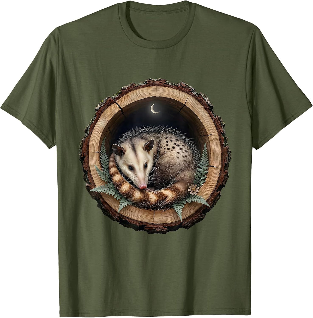 Opossum Curled in Hollow Log Graphic T-Shirt - Olive Green