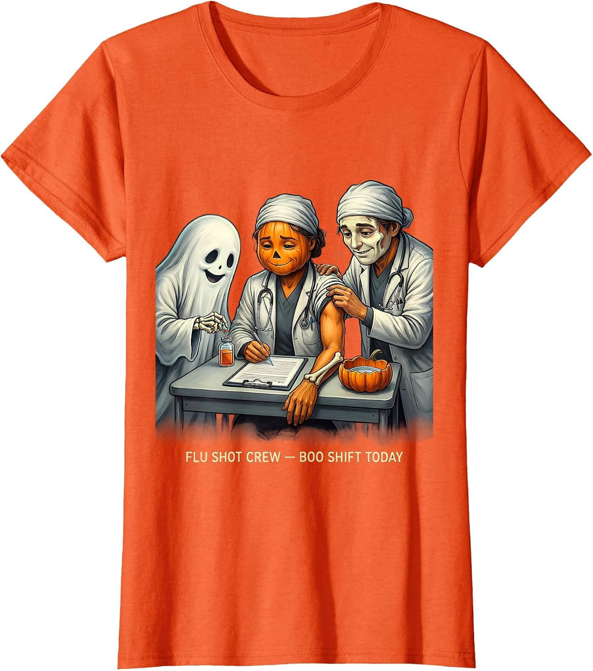 Women's Flu Shot Crew Boo Shift Today Funny Nurse Ghost Halloween T-Shirt - Orange