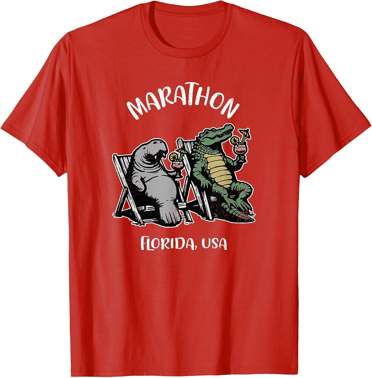 Marathon Florida USA Funny Manatee and Alligator Design T-Shirt - Red