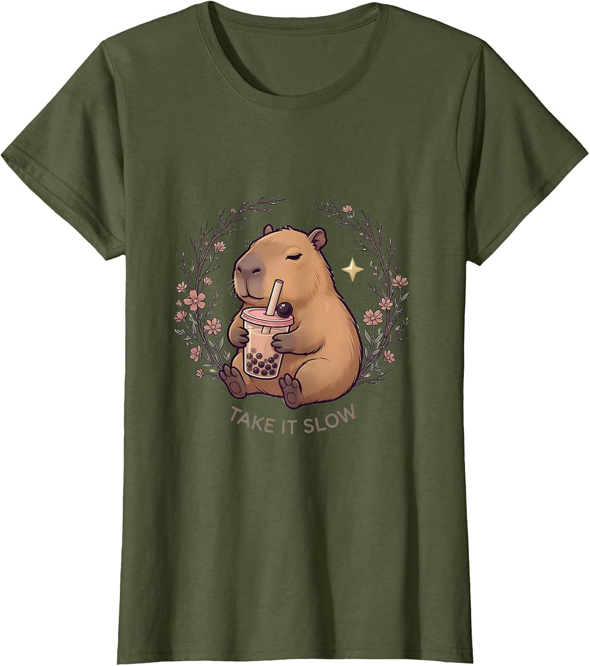Women's Take It Slow Cute Capybara Kawaii Bubble Tea Boba Lover T-Shirt - Olive Green
