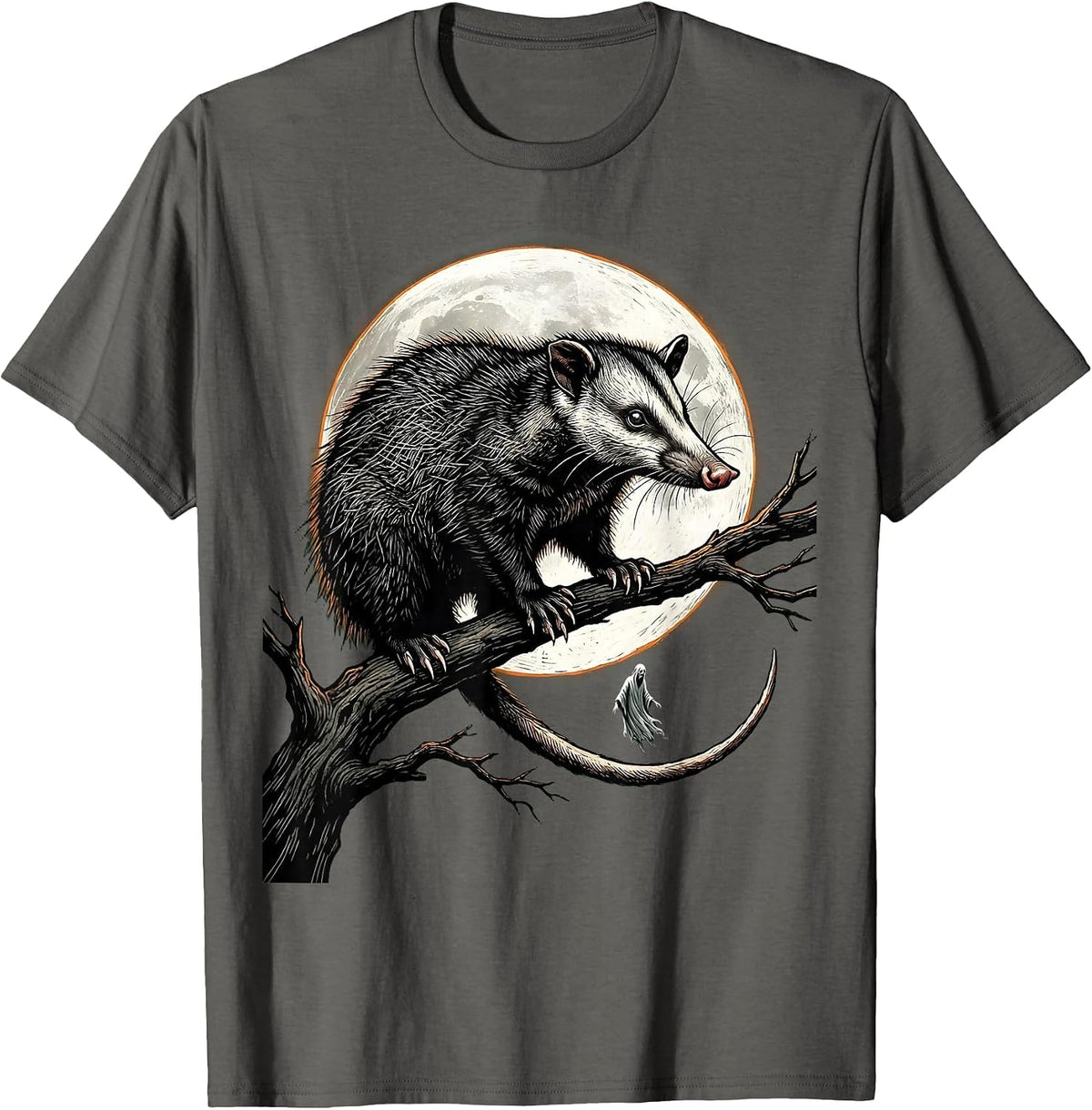 Solemn Opossum Spooky Moon Vintage Halloween T-Shirt - Asphalt Grey