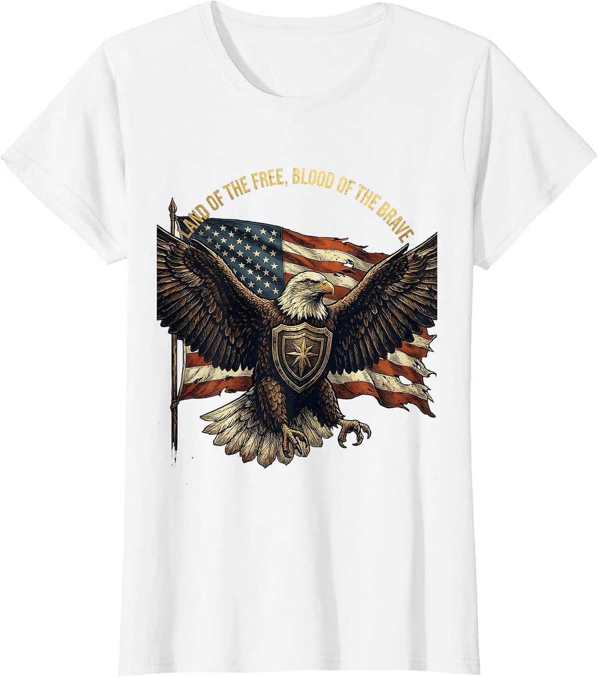 Land of the Free, Blood of the Brave Patriotic Eagle Design T-Shirt - White