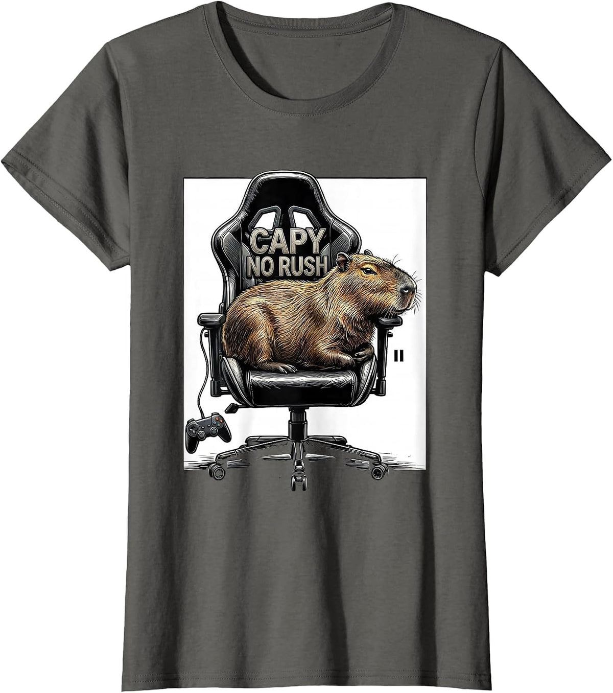 Women's Capy No Rush Funny Capybara Gamer Gaming Humor T-Shirt - Asphalt Grey
