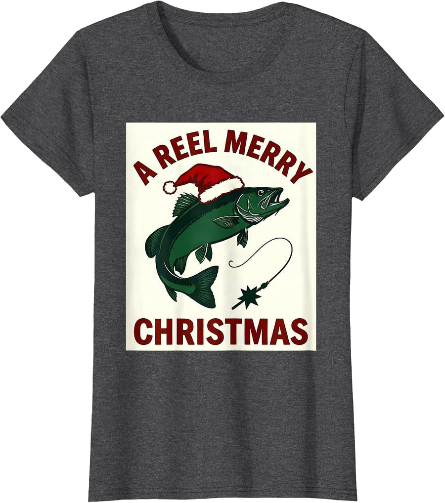 Women's A Reel Merry Christmas Funny Fishing Christmas Ugly Sweater T-Shirt - Dark Heather Grey