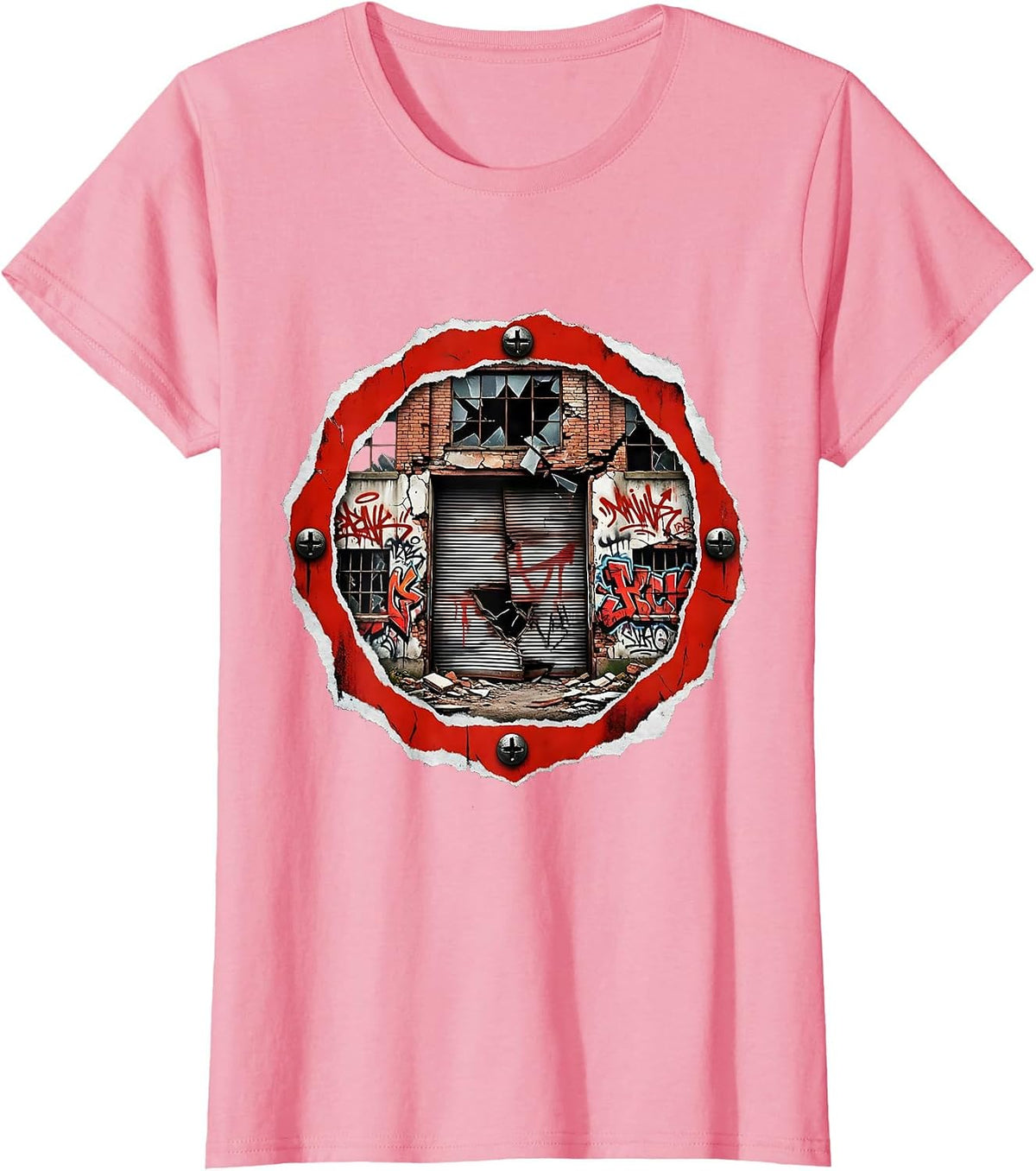 Women's Grunge Graffiti Abandoned Warehouse Night Art T-Shirt - Pink