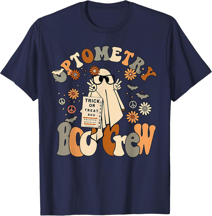 Spooky Optometry Boo Crew Ghost Halloween Eye Doctor T-Shirt - Navy Blue