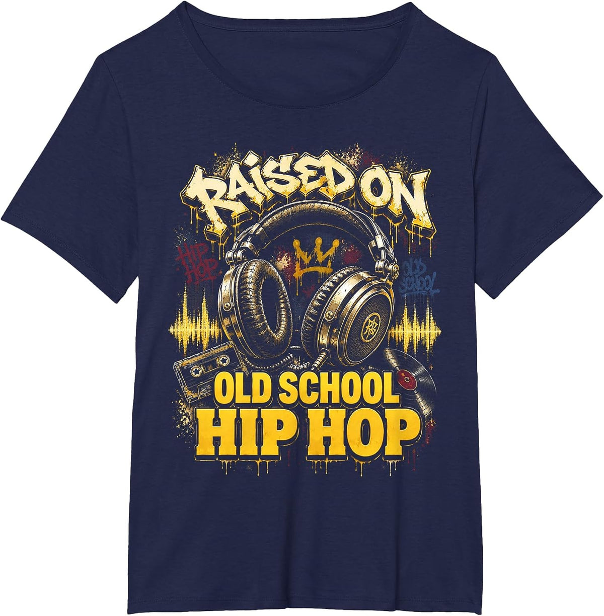 Raised On Old School Hip Hop Cassette Graffiti Rap T-Shirt, Women's Plus, Navy Blue, 1X - As Pictured