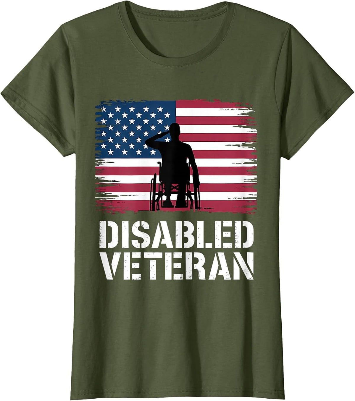 Disabled Veteran American Flag Patriotic Military Wheelchair T-Shirt - Olive Green