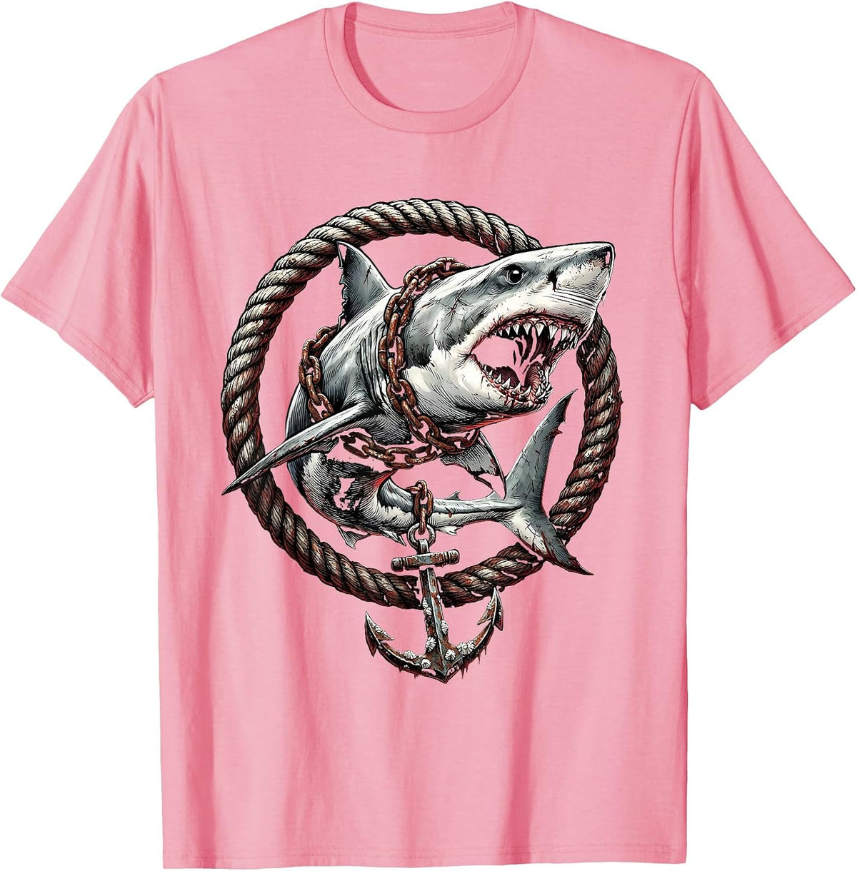 Men's Shark With Anchor Chain Wrapped Around Body T-Shirt - Pink