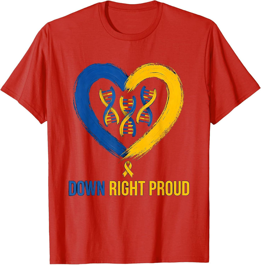 Men's Down Right Proud Symmetrical Heart Chromosome Down Syndrome T-Shirt - Red