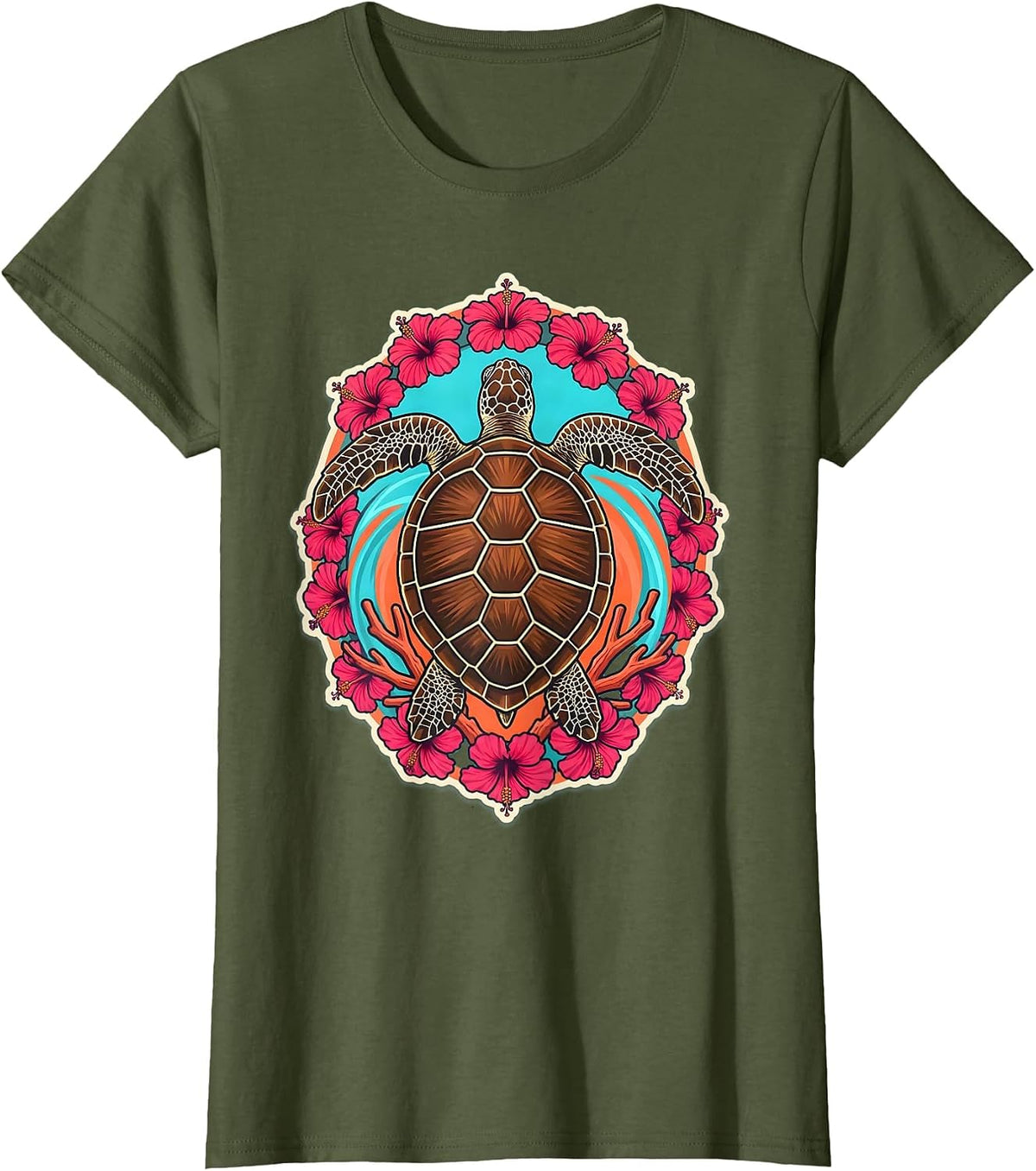 Women's Hawaii Sea Turtle Coral Reef Illustration T-Shirt - Olive Green