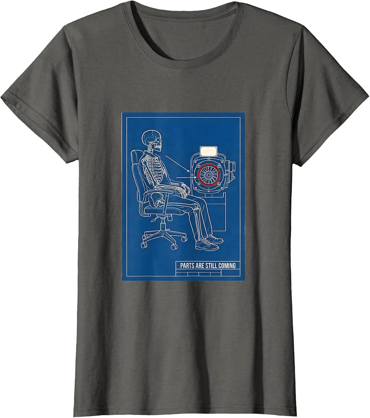 Women's PARTS ARE STILL COMING Technical Blueprint Mechanic Skeleton T-Shirt - Asphalt Grey