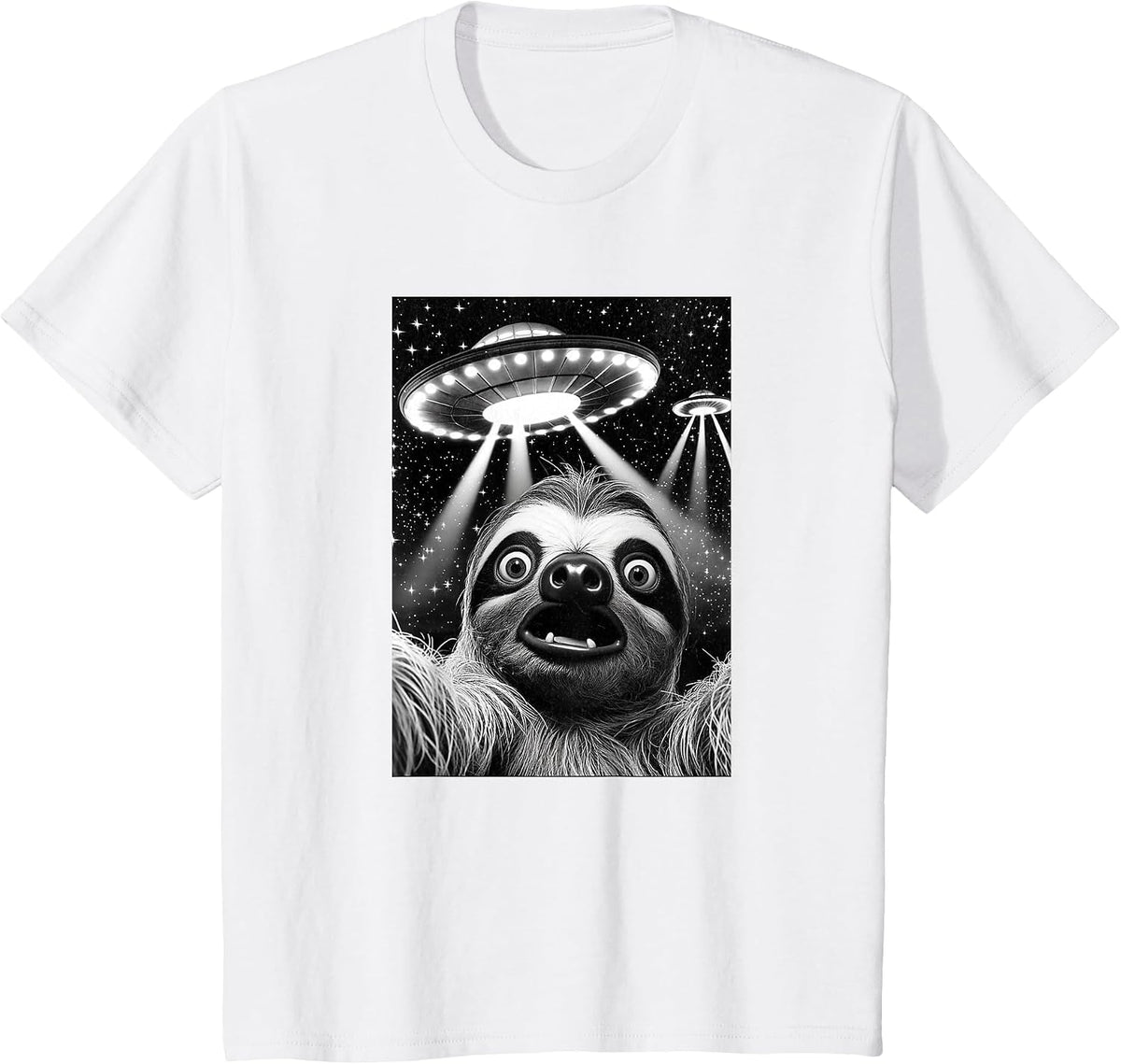 Sloth UFO | Funny Invasion Meme Retro Alien Sloth UFO Selfie T-Shirt - White