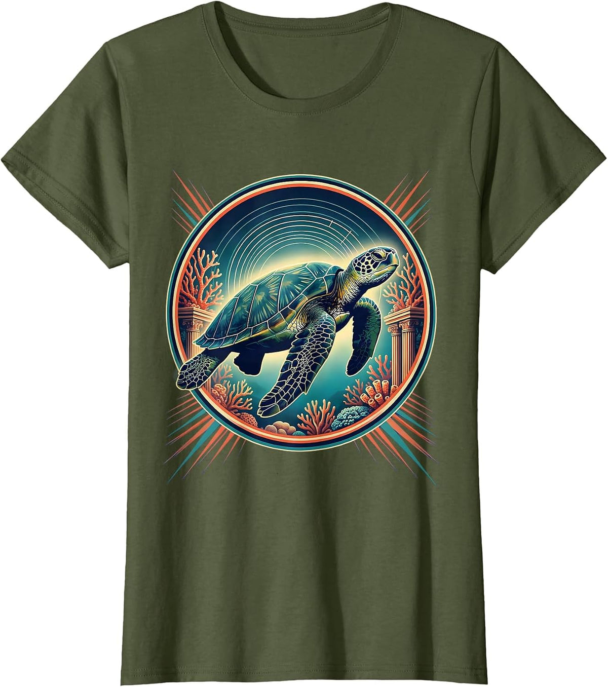 Women's Puerto Rico Sea Turtle Coral Reef Illustration T-Shirt - Olive Green