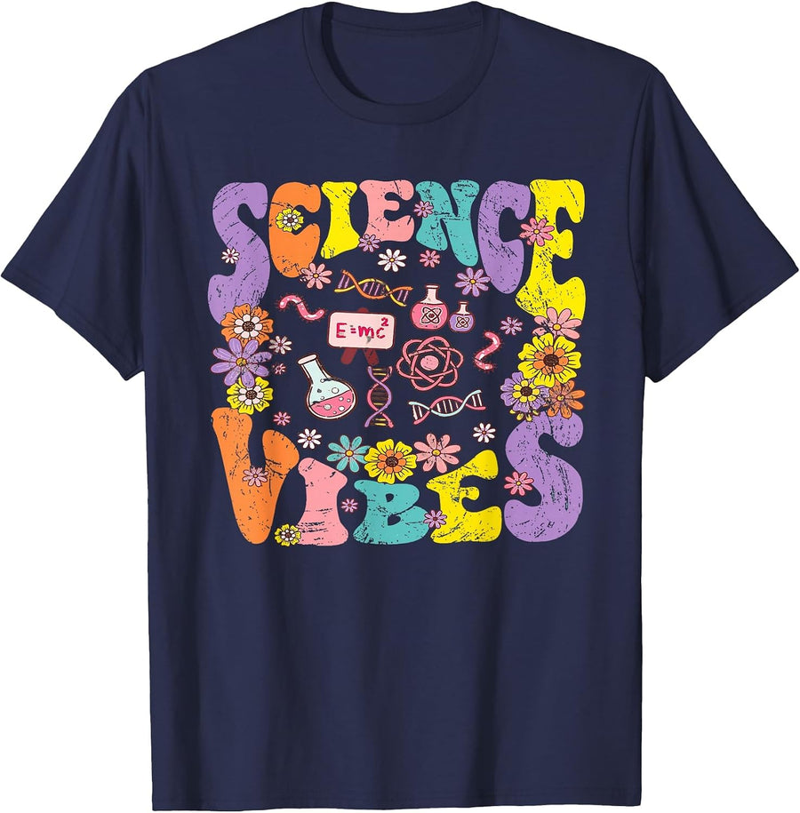 Science Vibes Retro 1st Day of Back to School Groovy Teacher T-Shirt - Navy Blue