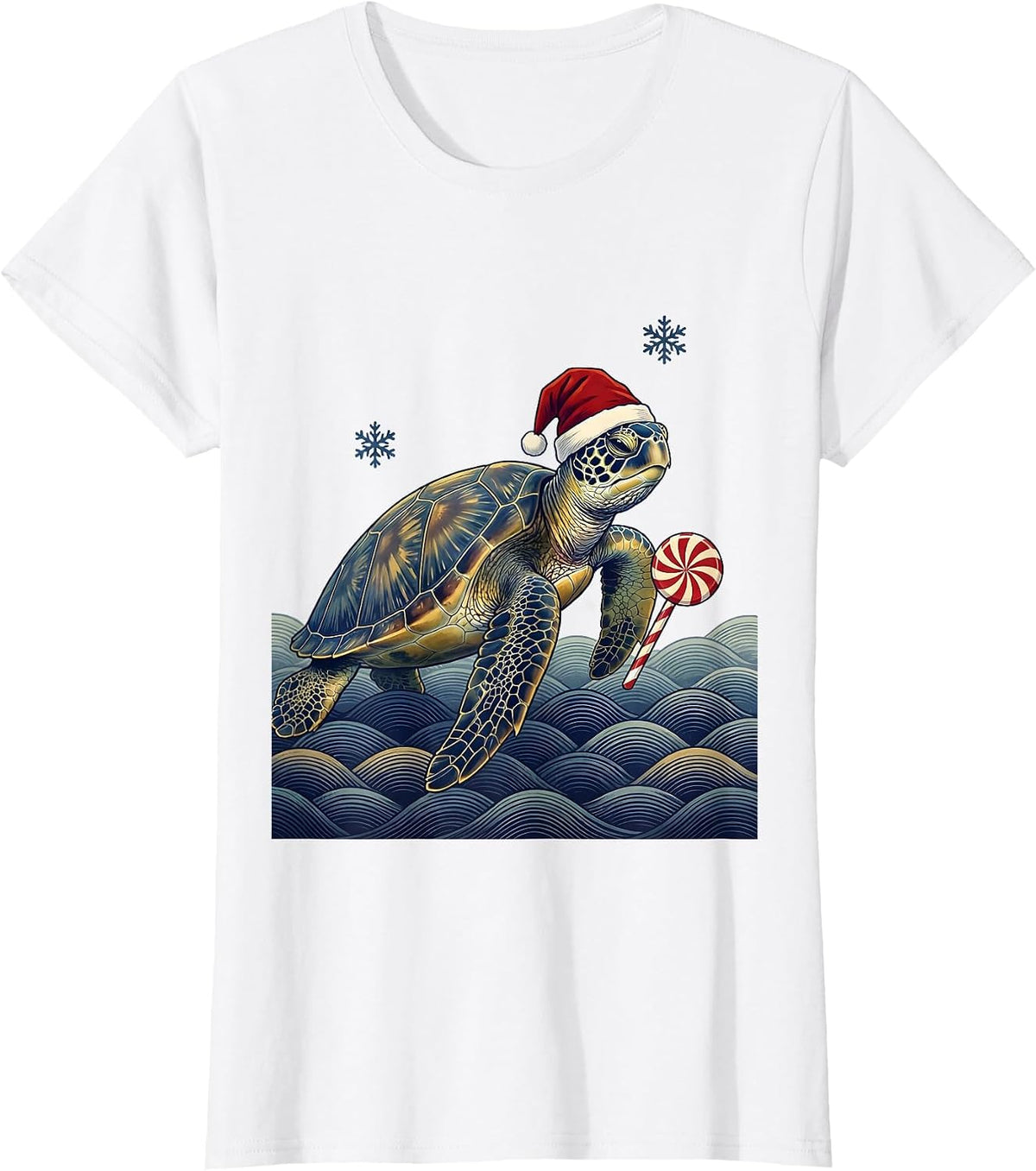 Sea Turtle Santa Hat Ukiyo-e Christmas Novelty T-Shirt - White