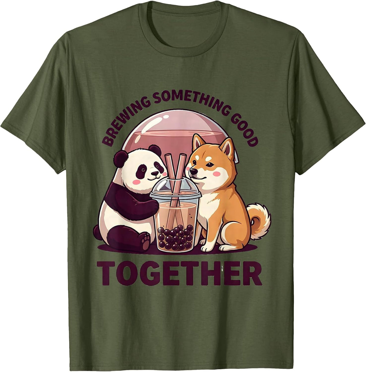 Men's Brewing Something Good Together Cute Panda Kawaii Boba Tea T-Shirt - Olive Green
