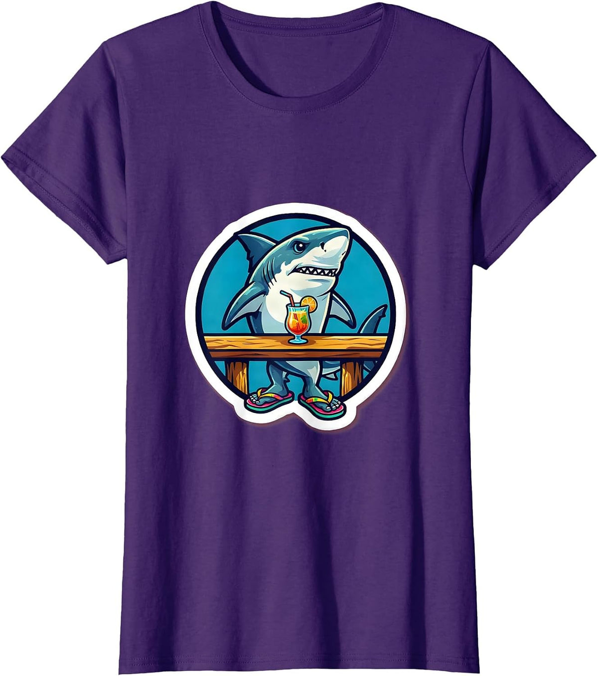 Women's Shark In Flip Flops Beach Bar Funny Graphic T-Shirt - Purple