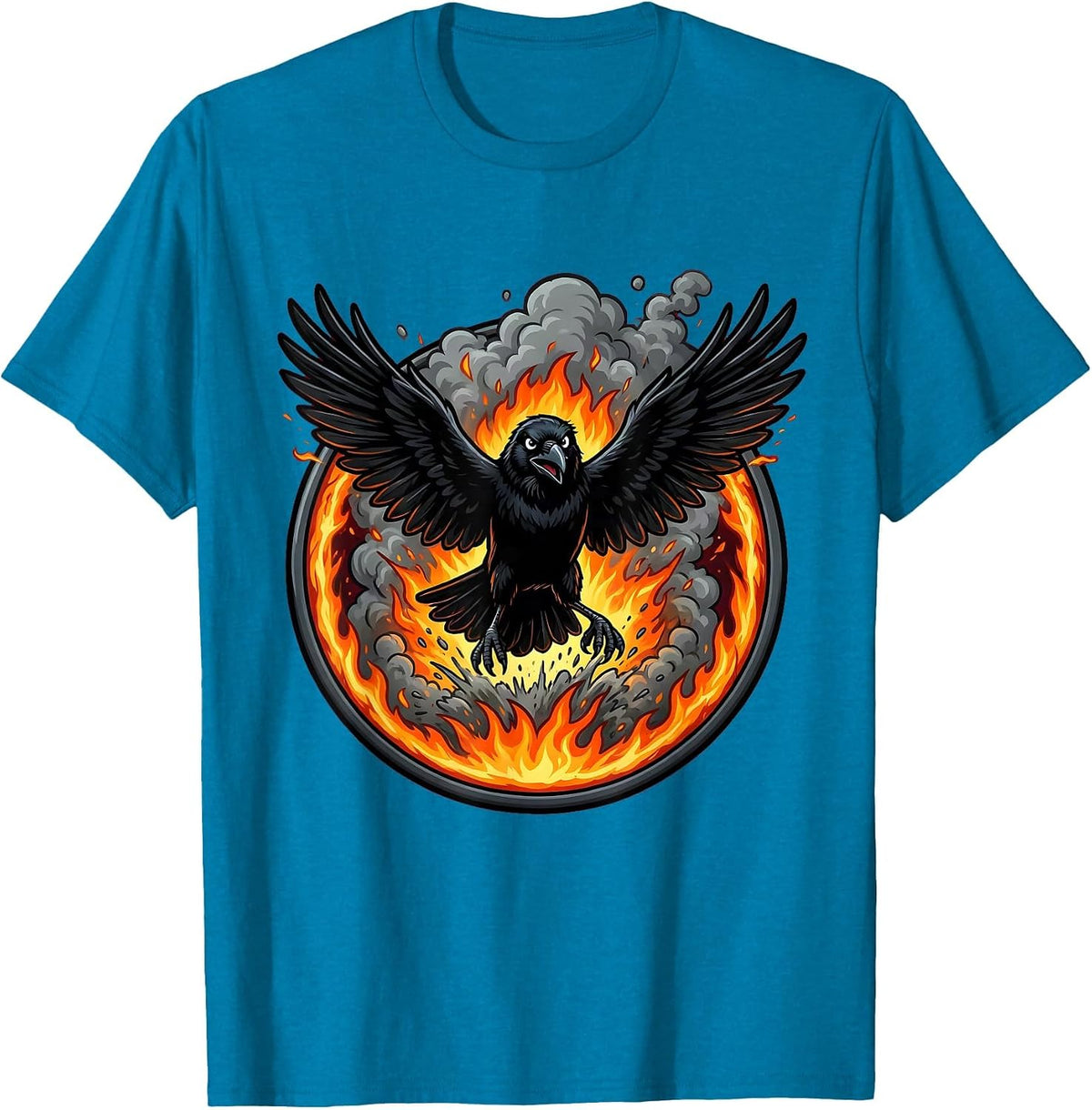 Crow Rising From Smoke and Flames Graphic T-Shirt - Sapphire Blue