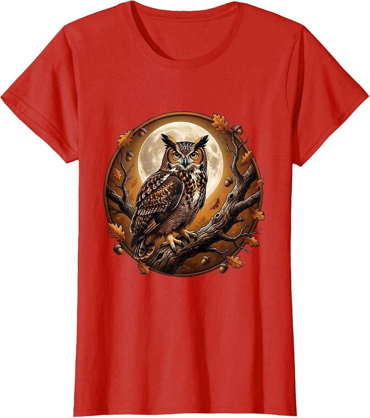 Women's Owl on Branch Full Moon Fall Night Illustration T-Shirt - Red