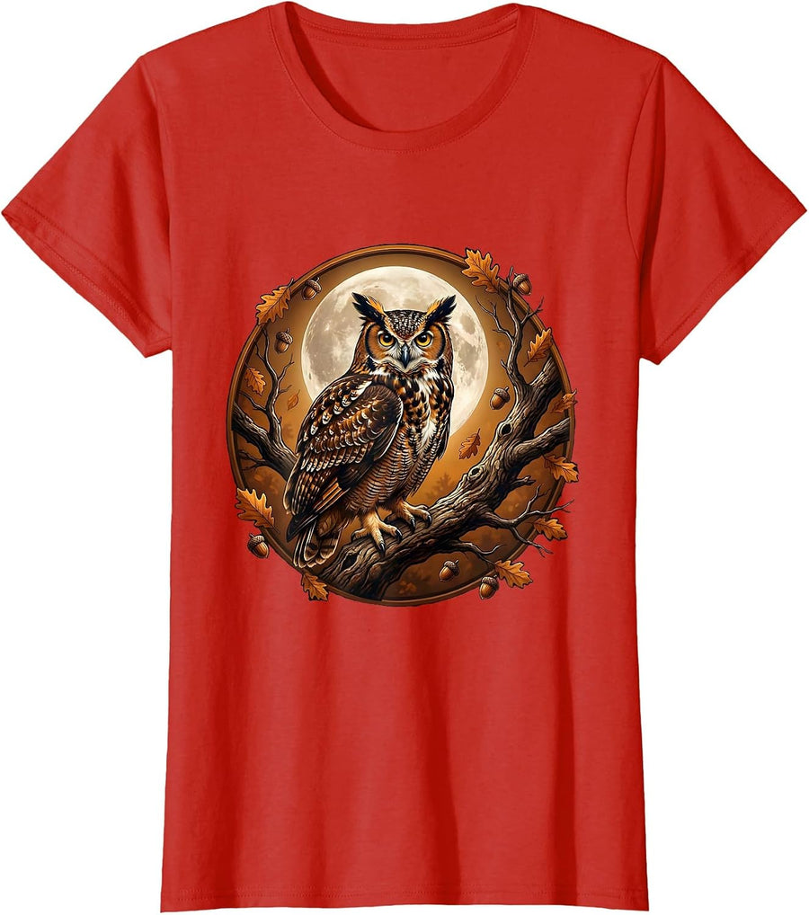 Women's Owl on Branch Full Moon Fall Night Illustration T-Shirt - Red