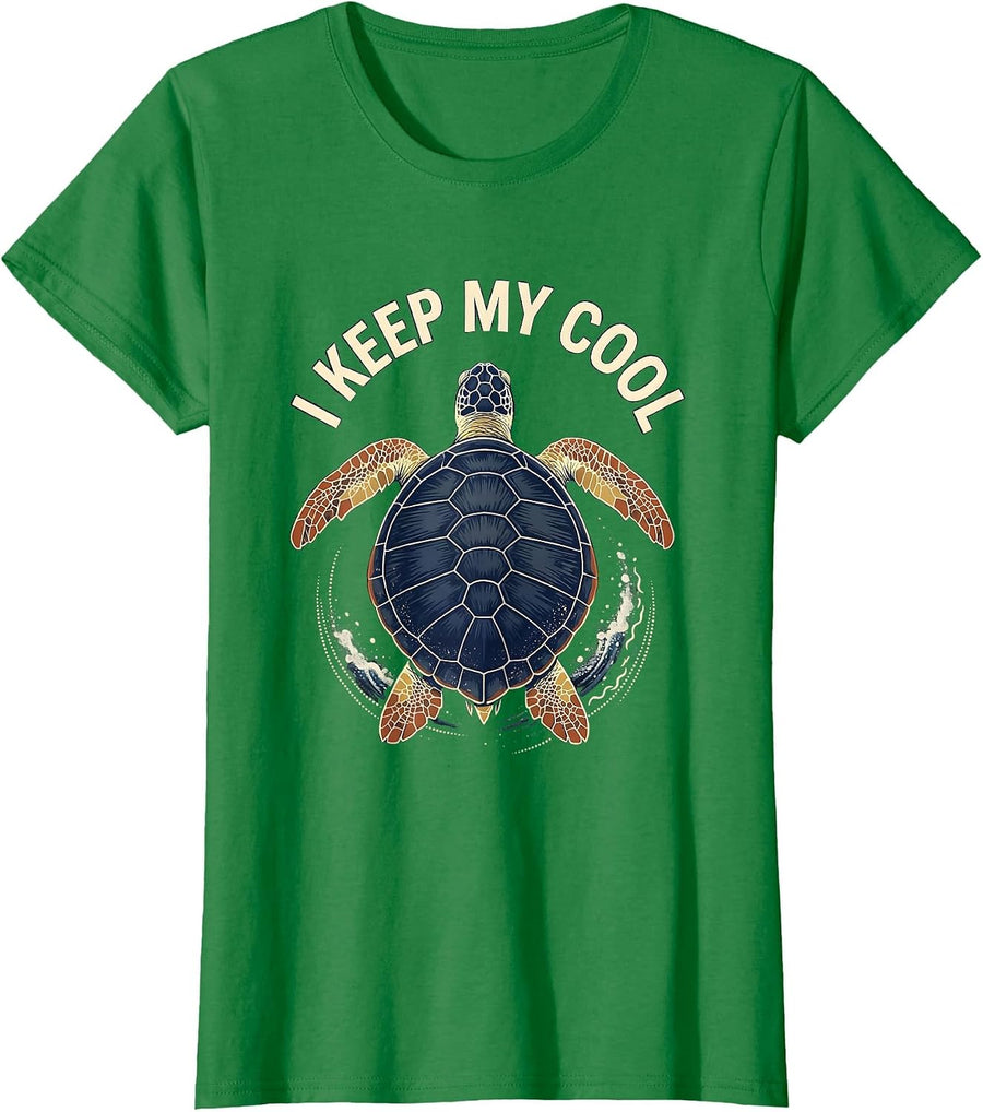 Women's I Keep My Cool Batik Wax Resist Sea Turtle Tropical Vacation T-Shirt - Kelly Green