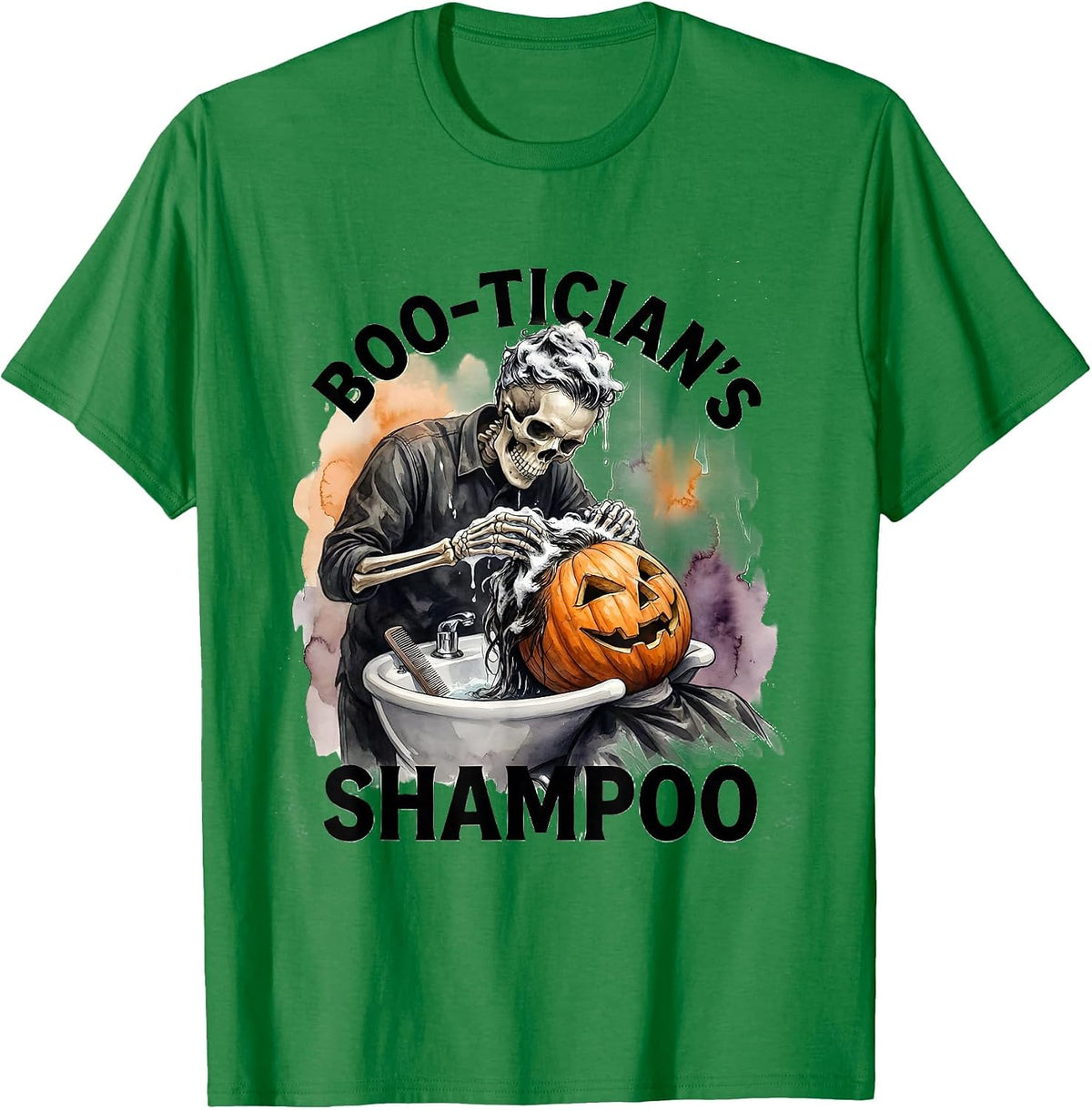 Men's Boo-tician's Shampoo Watercolor Skeleton Hairdresser T-Shirt - Kelly Green