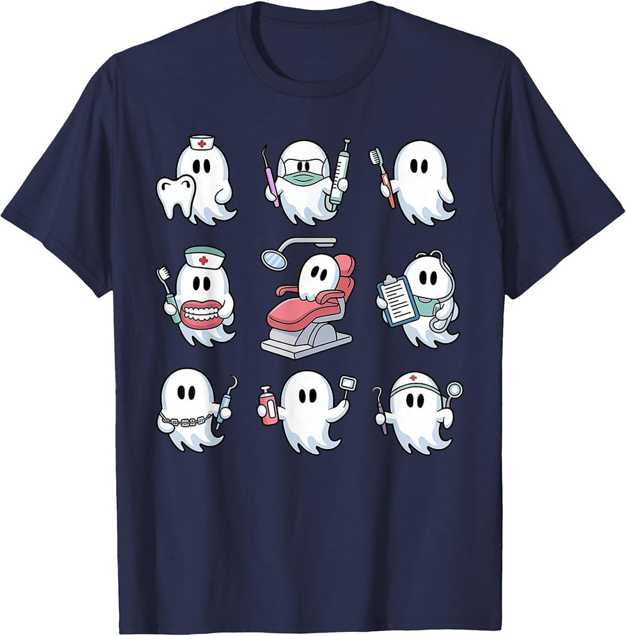 Cute Tooth Ghost Dental Hygienist Halloween Dentist Hygiene T-Shirt - Navy Blue