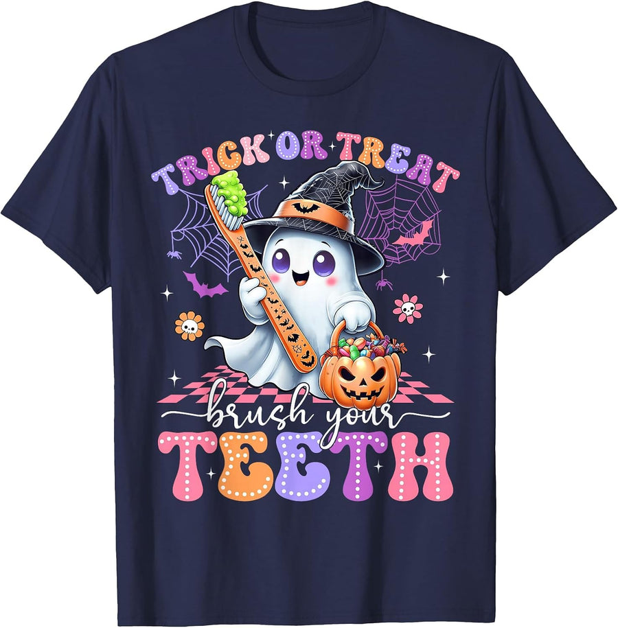 Retro Halloween Trick Or Treat Brush Your Teeth Cute Dentist T-Shirt - Navy Blue