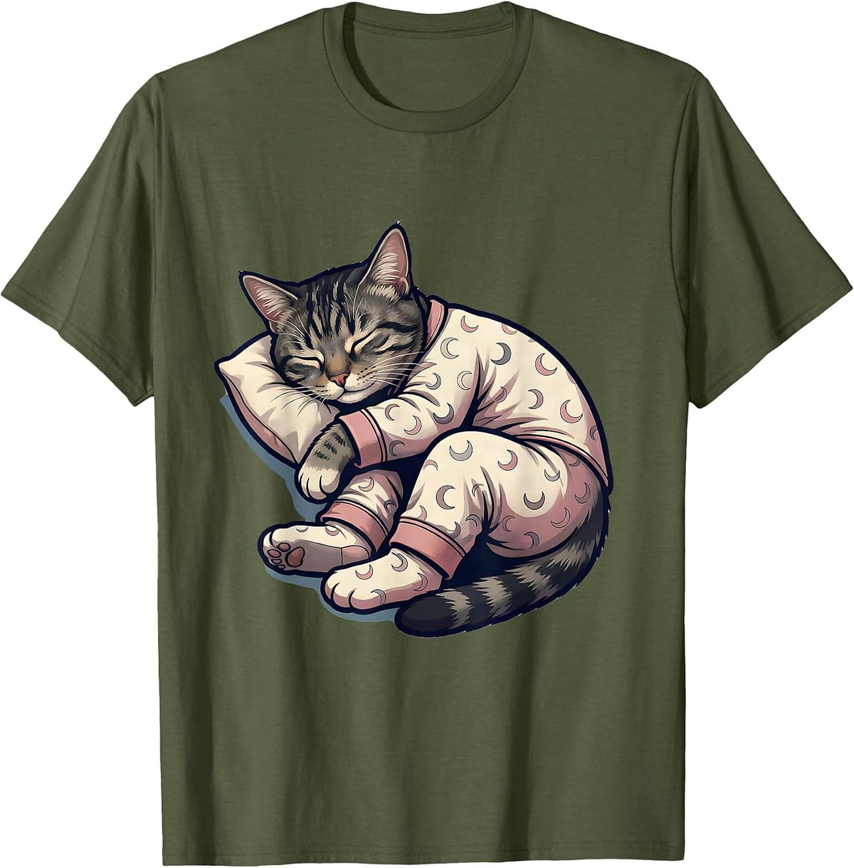 Sleepy Tabby Cat Cartoon Cute Cozy Pajama T-Shirt - Olive Green