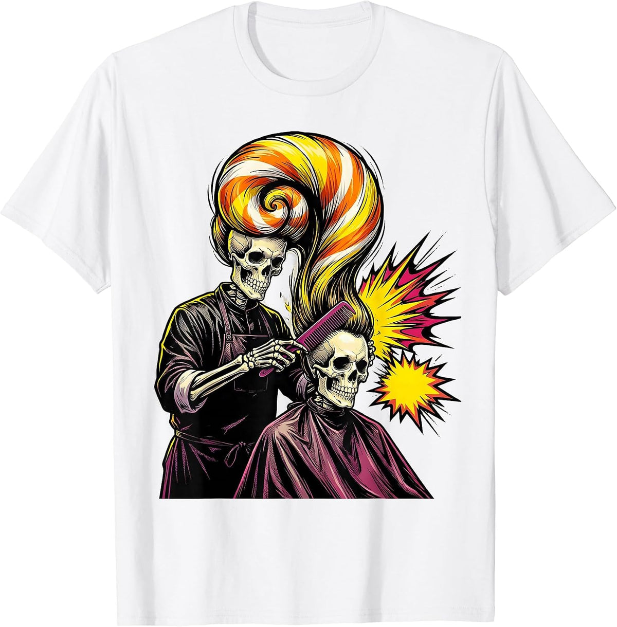 Men's Skeleton Stylist Combing Ghost Pop Art Halloween Hairdresser T-Shirt - White