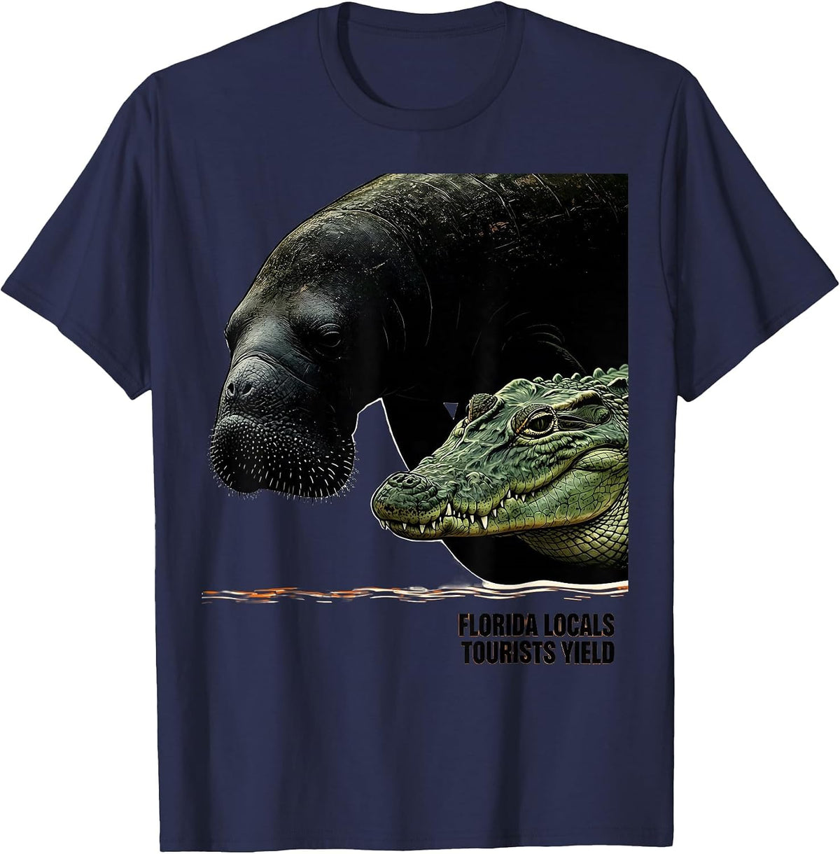 Florida Locals Tourists Yield Vintage Manatee Gator Gulf T-Shirt - Navy Blue