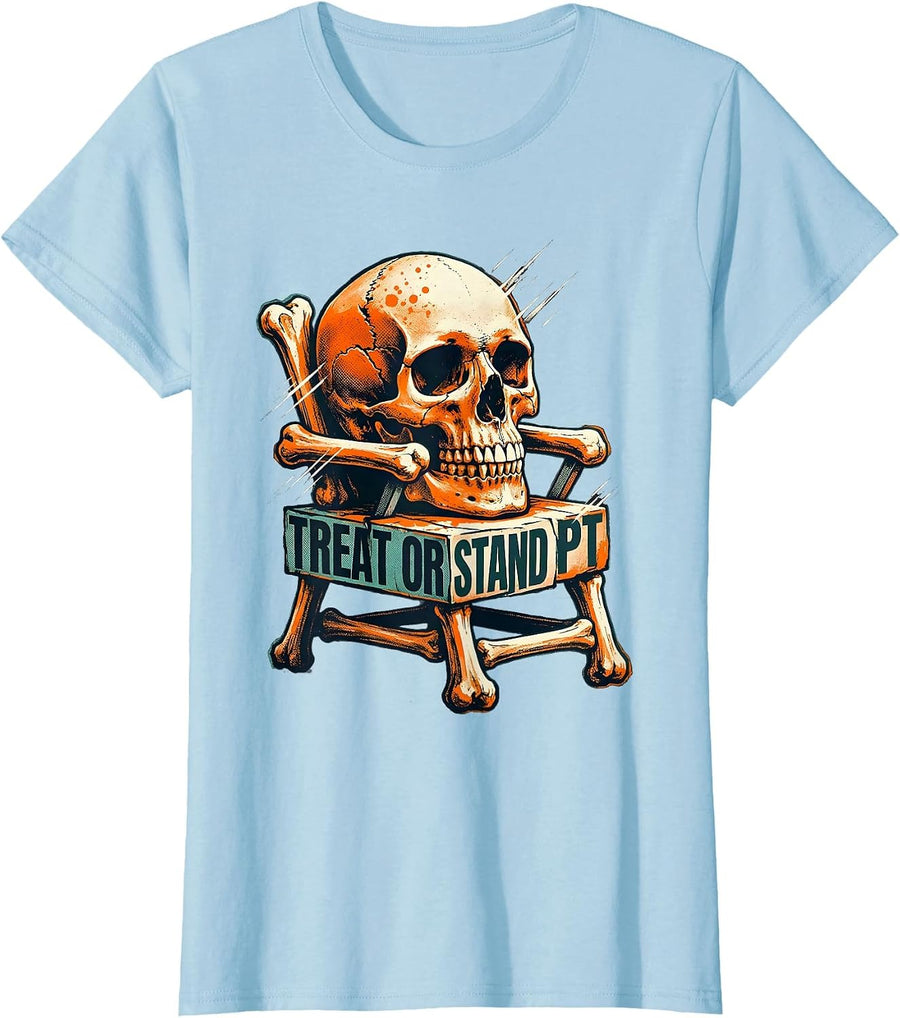 Women's Treat Or Stand PT Funny Physical Therapy Halloween Therapist T-Shirt - Baby Blue