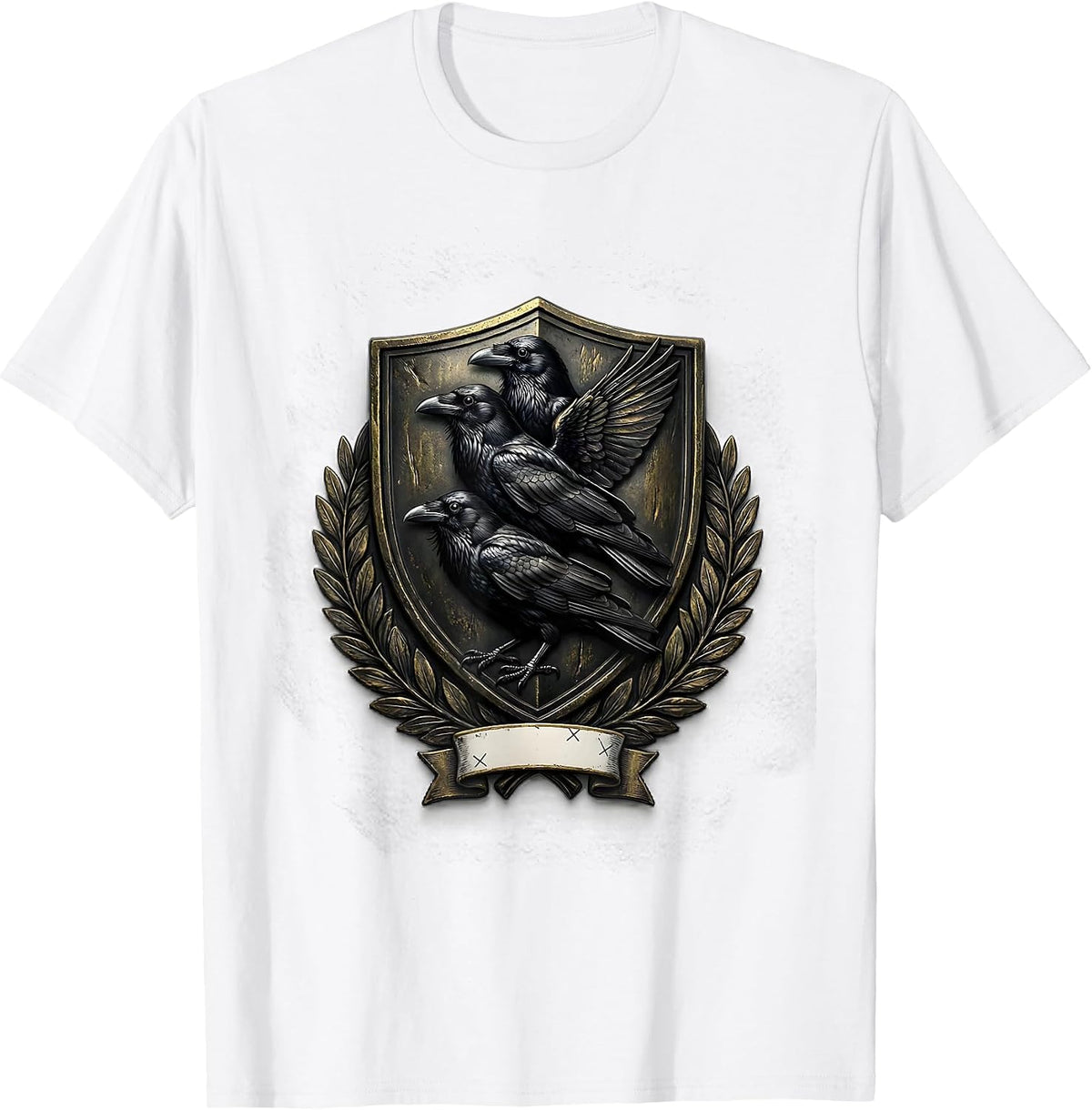 Men's Heraldic Crow Shield Dark Humor Bird Lover Emblem T-Shirt - White
