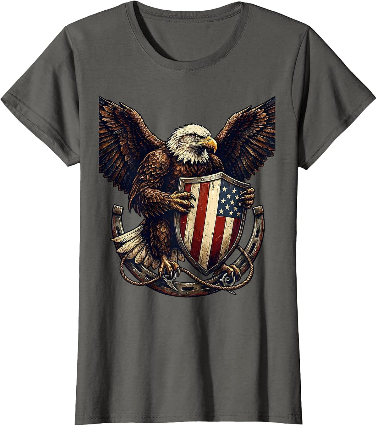 Women's Bold Eagle Clutching Striped Shield Patriotic Design T-Shirt - Asphalt Grey