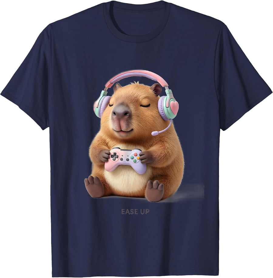 Ease Up Cute Kawaii Capybara Gamer Meme Humor T-Shirt - Navy Blue