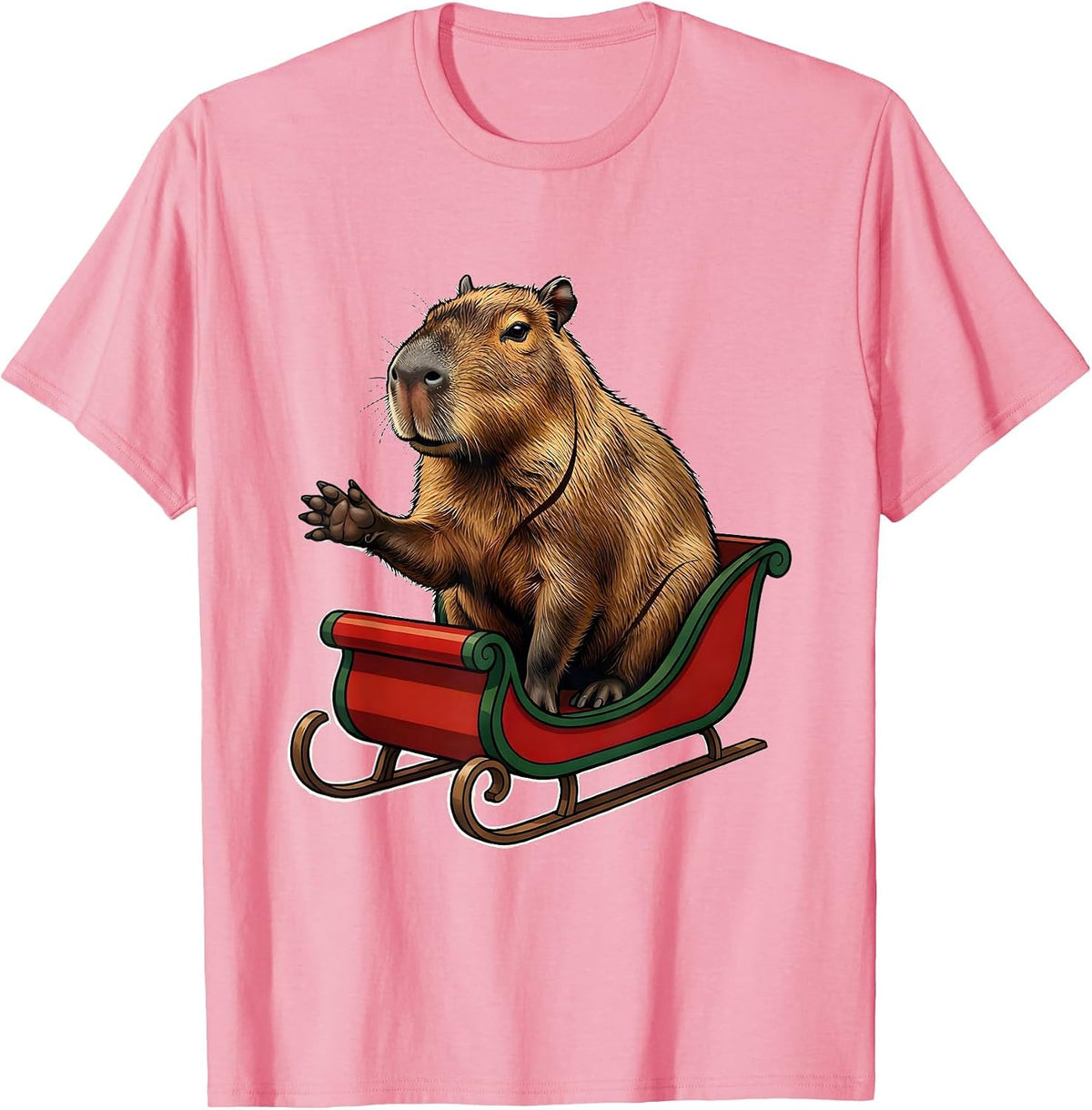 Men's Capybara Christmas Sleigh Whimsical Animal Lover Humor T-Shirt - Pink
