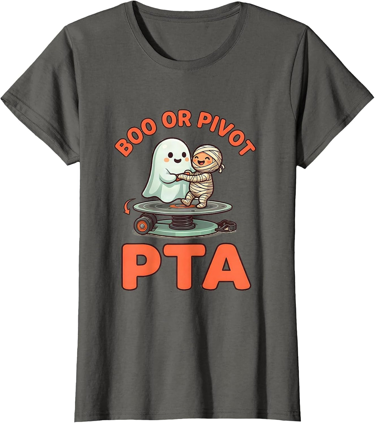 Women's Boo Or Pivot PTA Cute Kawaii Halloween Rehab Therapy Team T-Shirt - Asphalt Grey