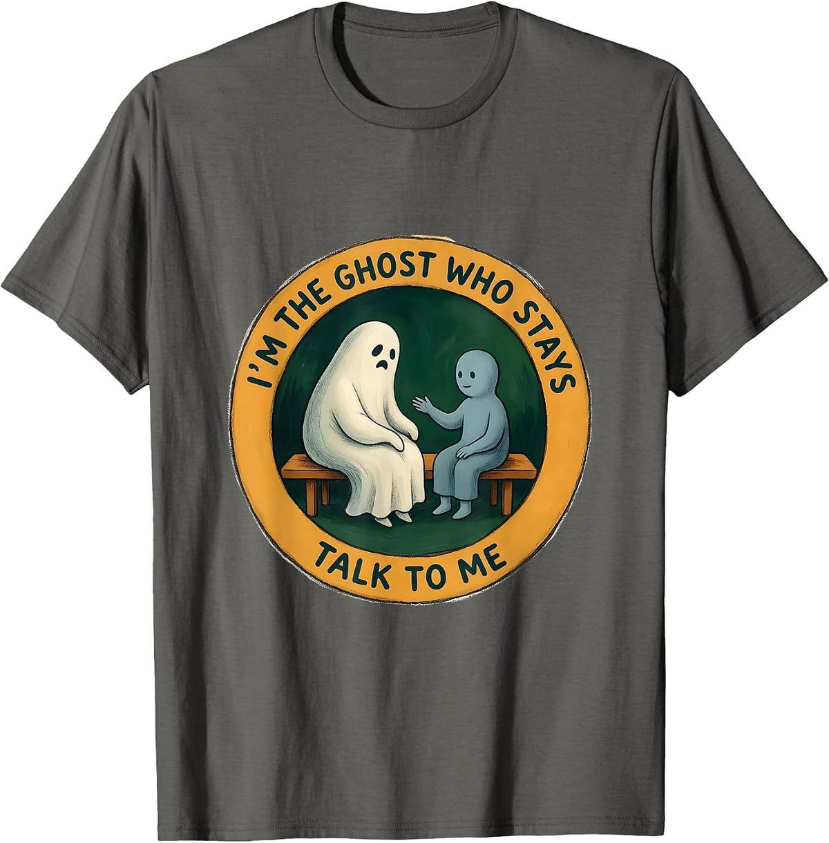 Men's I'm The Ghost Who Stays Talk To Me Storybook Halloween T-Shirt - Asphalt Grey