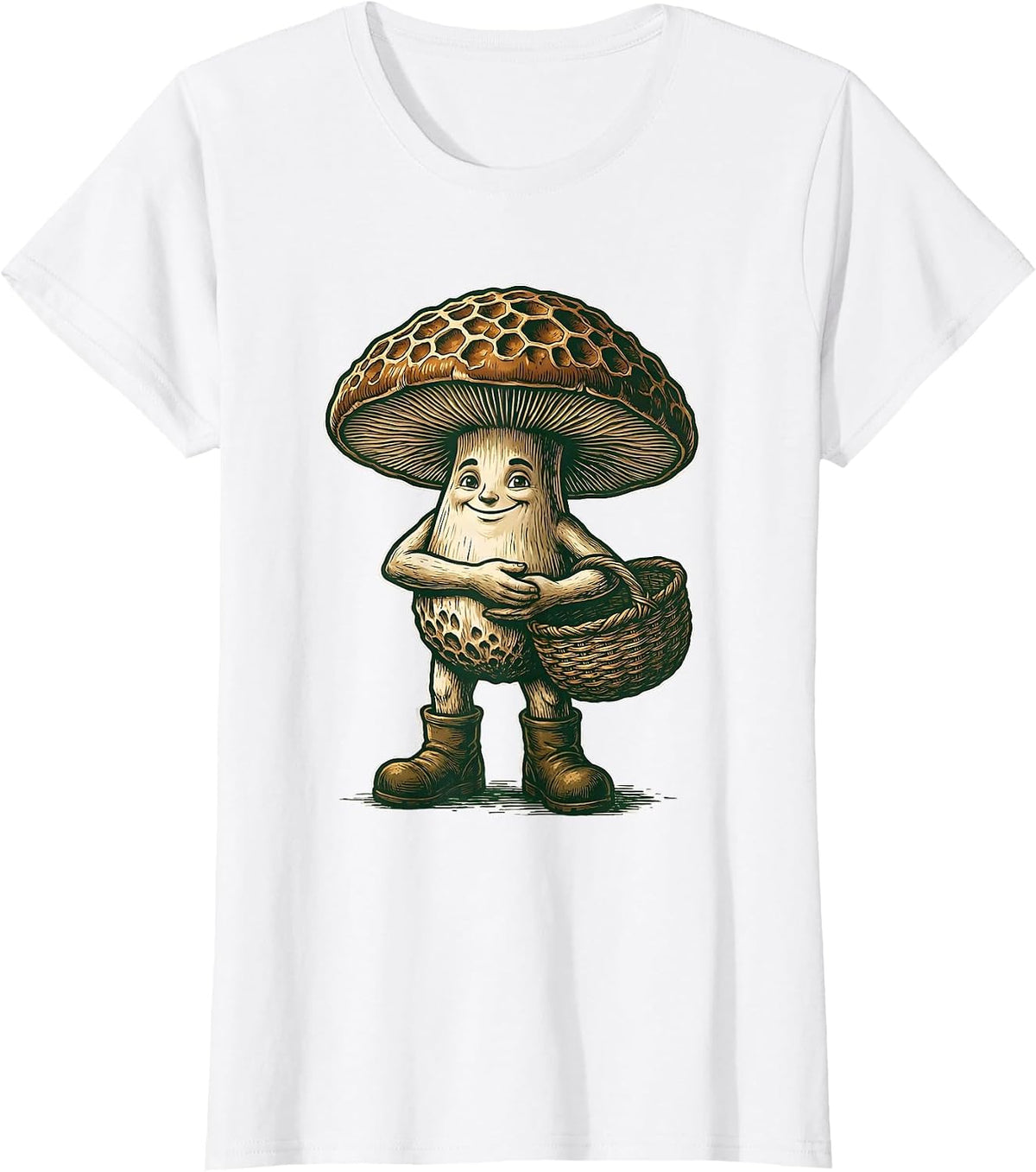 Anthropomorphic Morel Mushroom Forager Humorous Psychedelic T-Shirt - White
