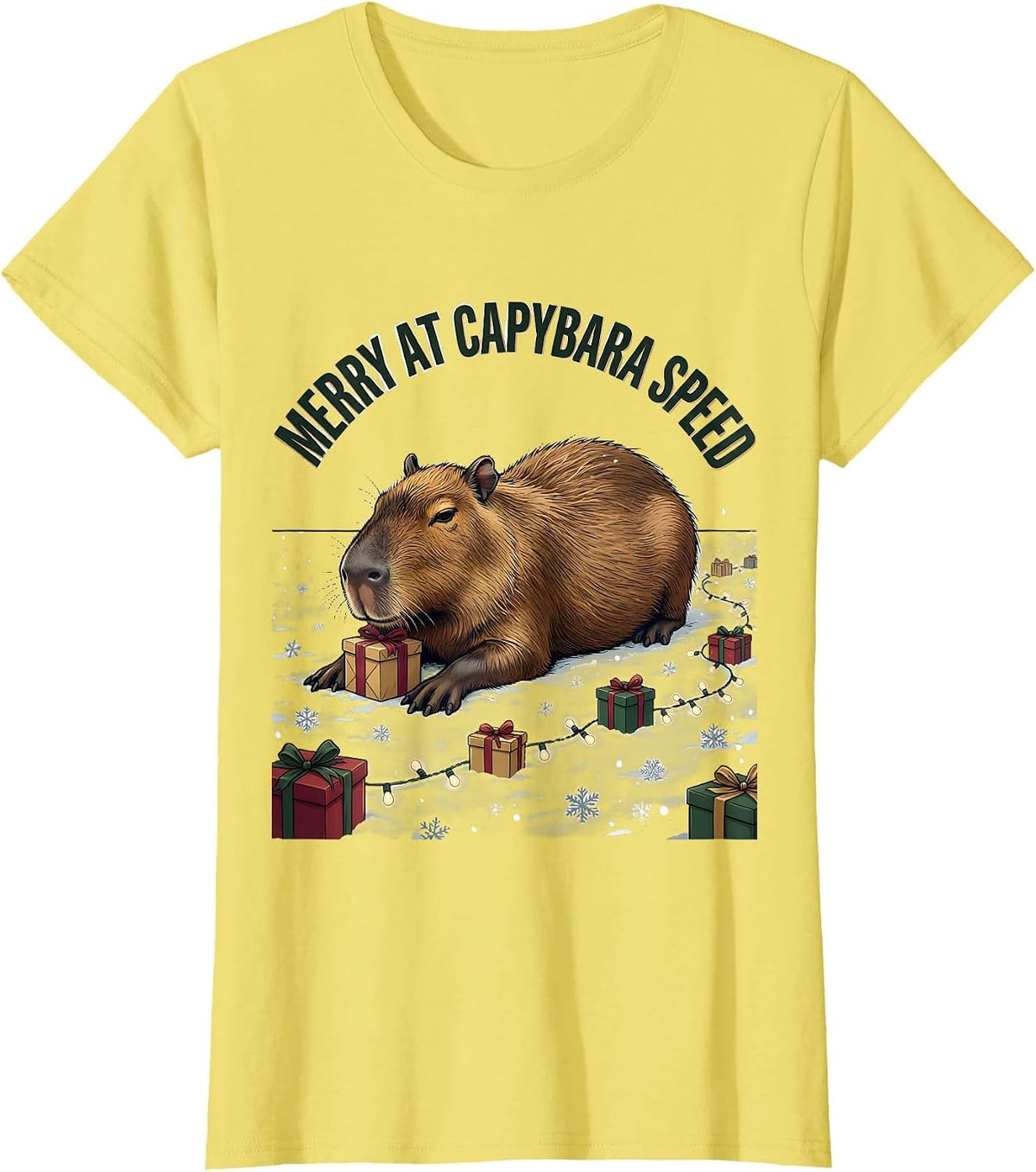 Women's Merry At Capybara Speed Cute Christmas Capybara Animal Lover T-Shirt - Lemon Yellow