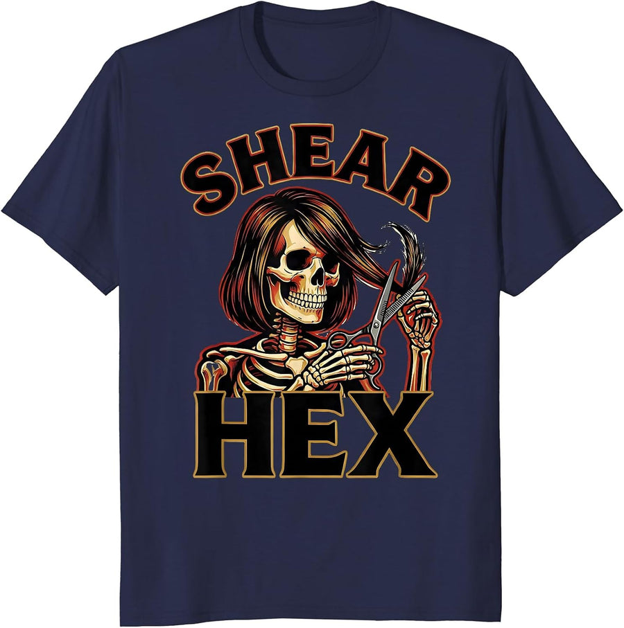 Shear Hex Tattoo Halloween Skeleton Hairstylist Barber Humor T-Shirt - Navy Blue