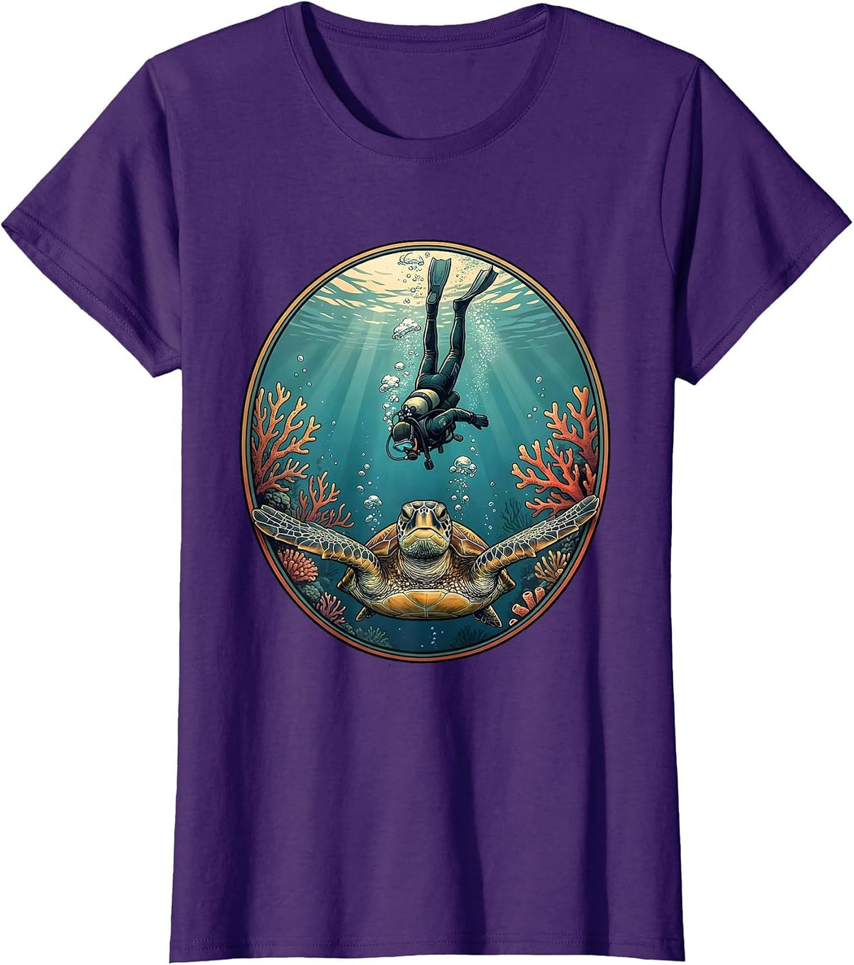 Women's Maui Diver and Sea Turtle Ocean Descent Graphic T-Shirt - Purple