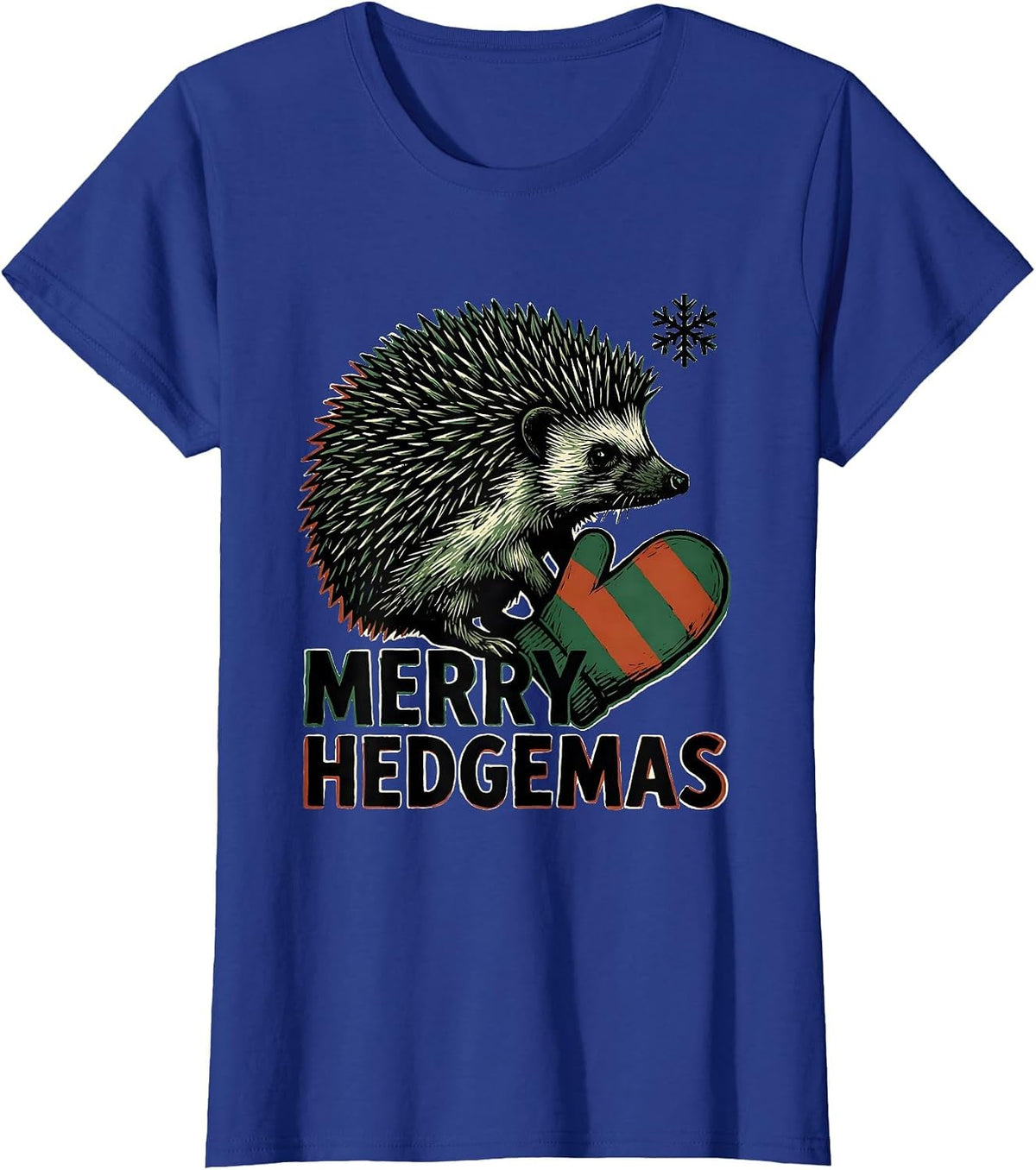 Women's Merry Hedgemas Linocut Hedgehog Christmas Novelty Gift T-Shirt - Royal Blue