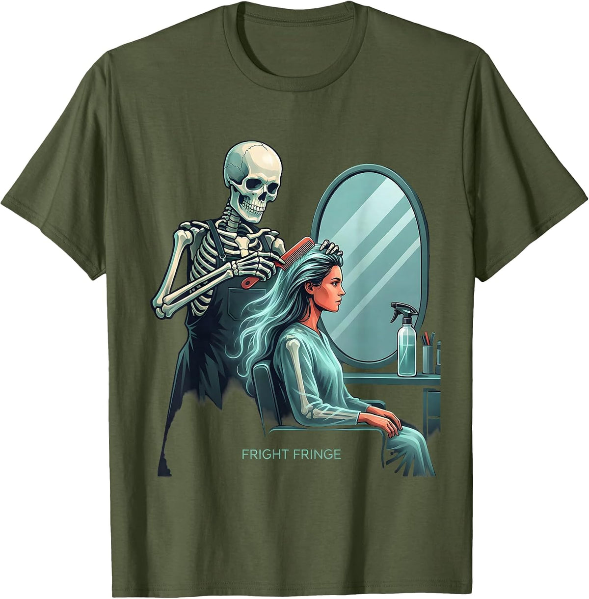 Fright Fringe Flat Vector Skeleton Hairstylist Halloween T-Shirt - Olive Green